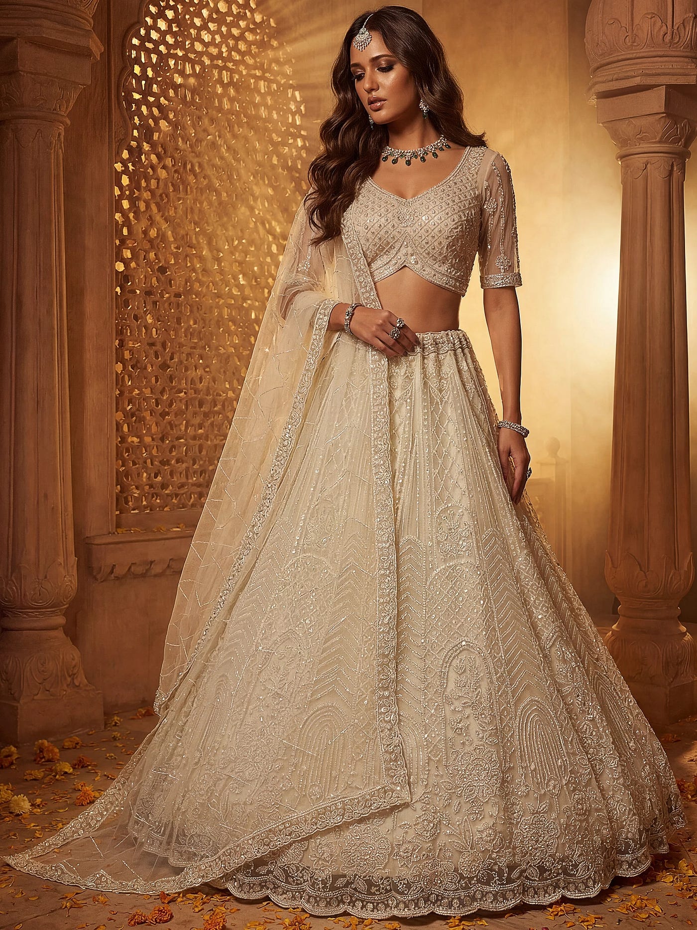 Off-White Sequins Net Traditional Lehenga With Blouse
