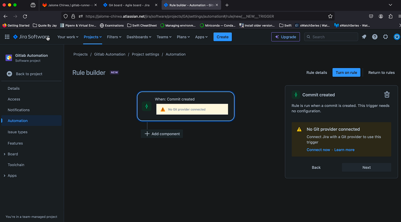 No git provider connected in Jira