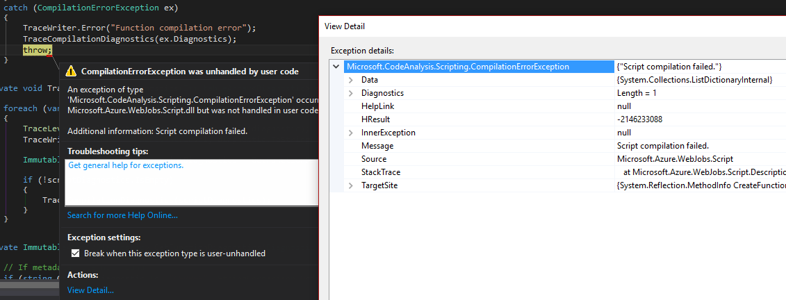 The New Exception Settings Window in Visual Studio 2015 - Azure