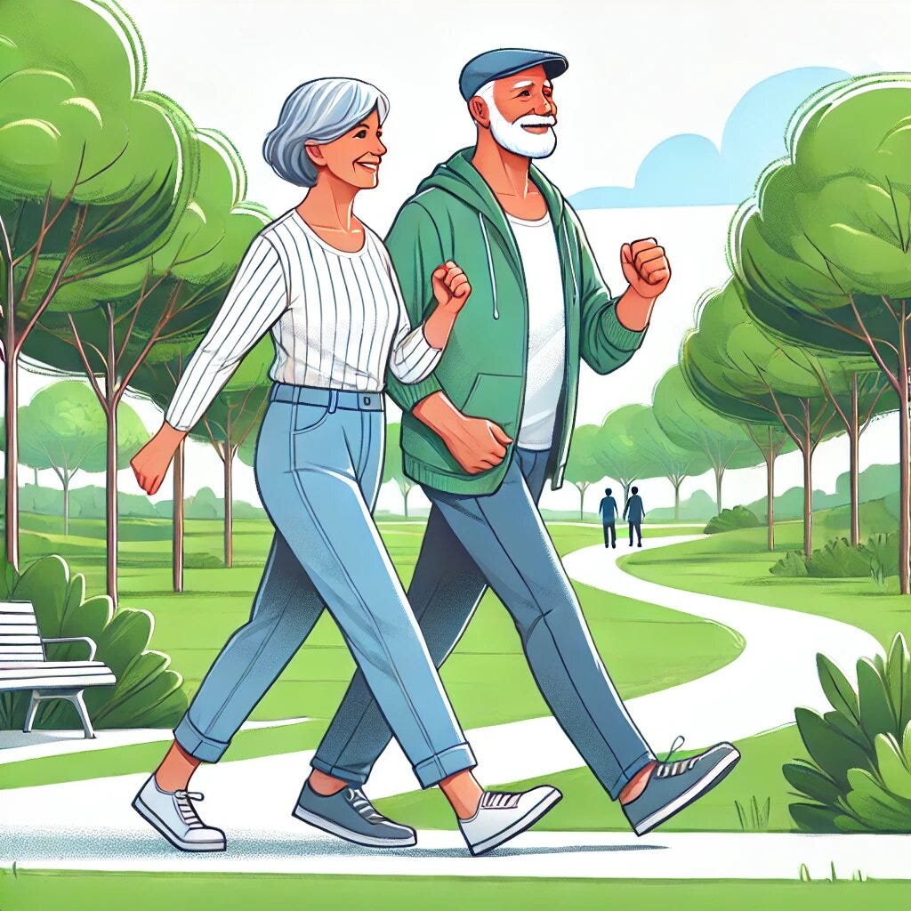 은퇴한 부부가 공원에서 빠른 걸음으로 걷고 있다.<BR>