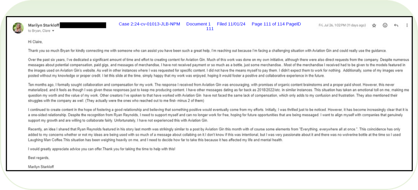 Starkloff’s email to Maximum Effort outlines the mistreatment and exploitation she’s experienced at the hands of Aviation Gin for the past six years