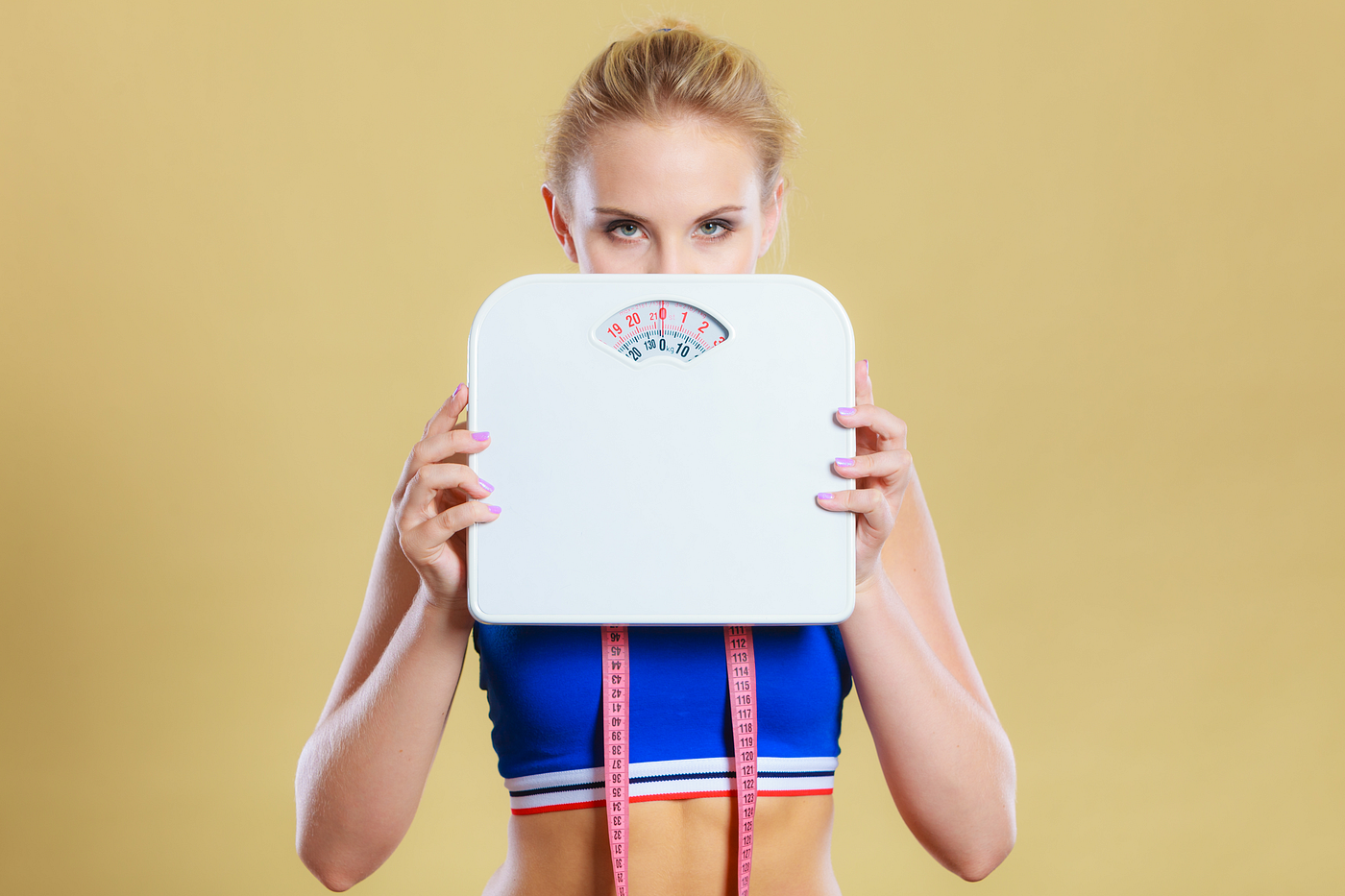 Woman Weight Loss. Smiling Woman Standing On Scale. Woman Measuring Body  Weight On Weighing Scale. Weight Loss, Diet And Dieting, Healthy Lifestyle  Concept Photos