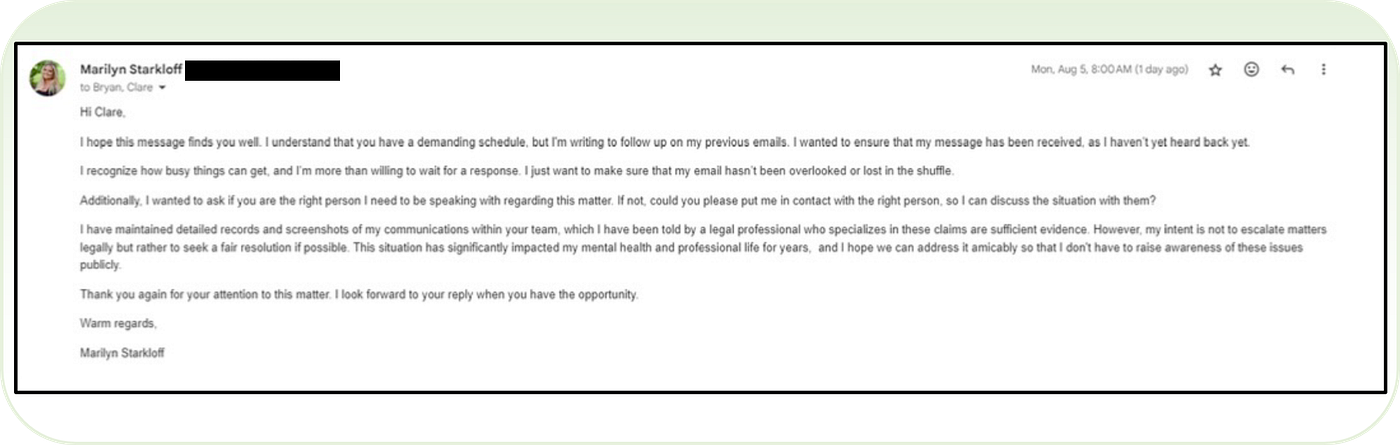 Starkloff’s third and final email warns that she has sought legal counsel