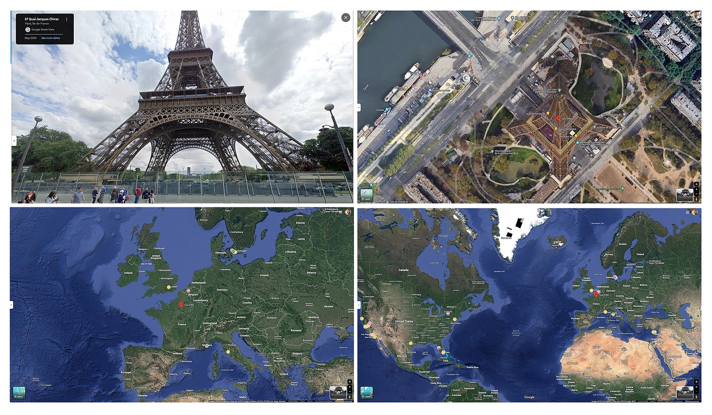 Google Maps — The Eiffel Tower at various scales.