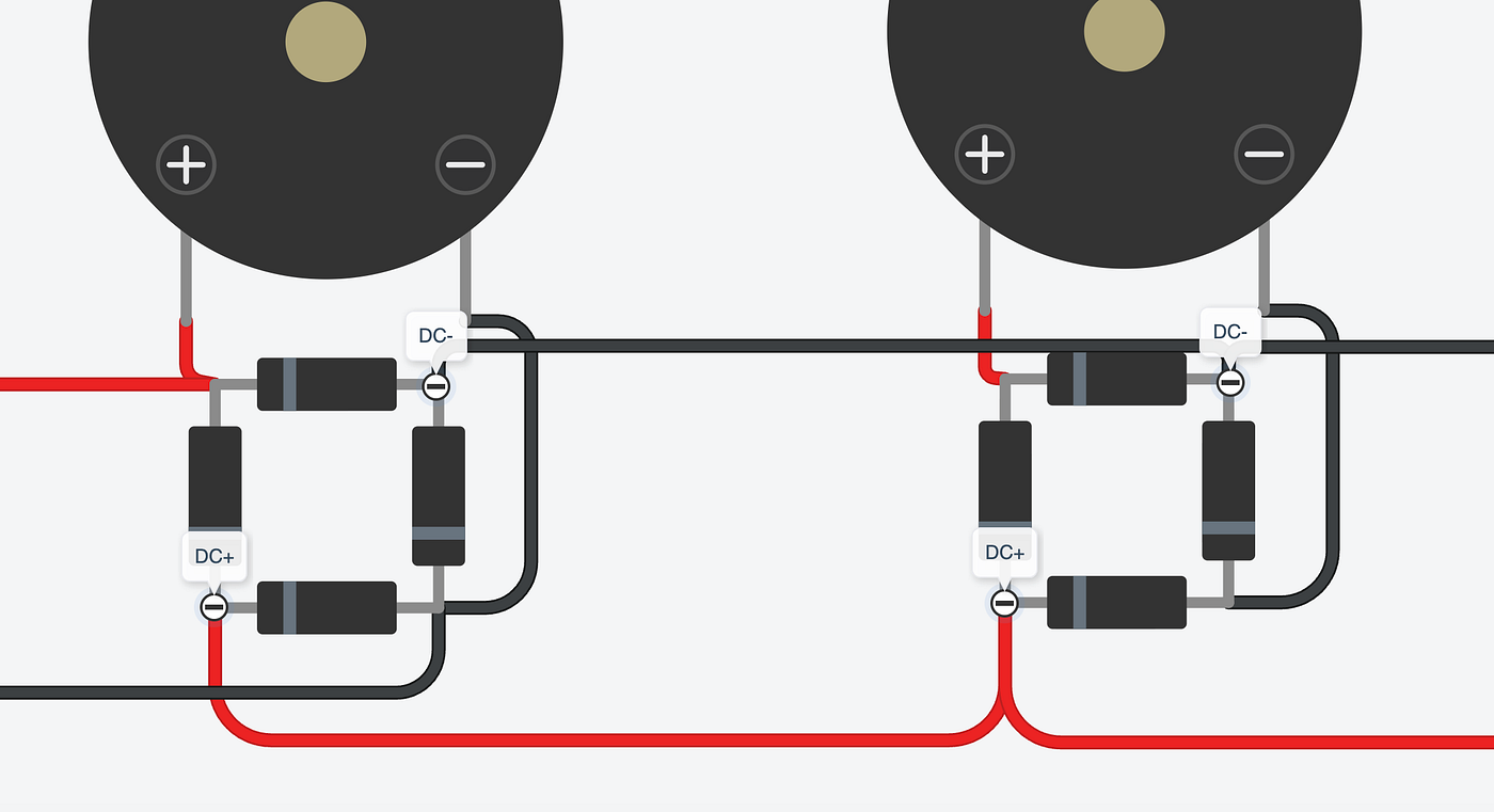 Image 3.9 // Image by Daniel Fung on Tinkercad // Parallel connections between DC- to DC- and DC+ to DC+