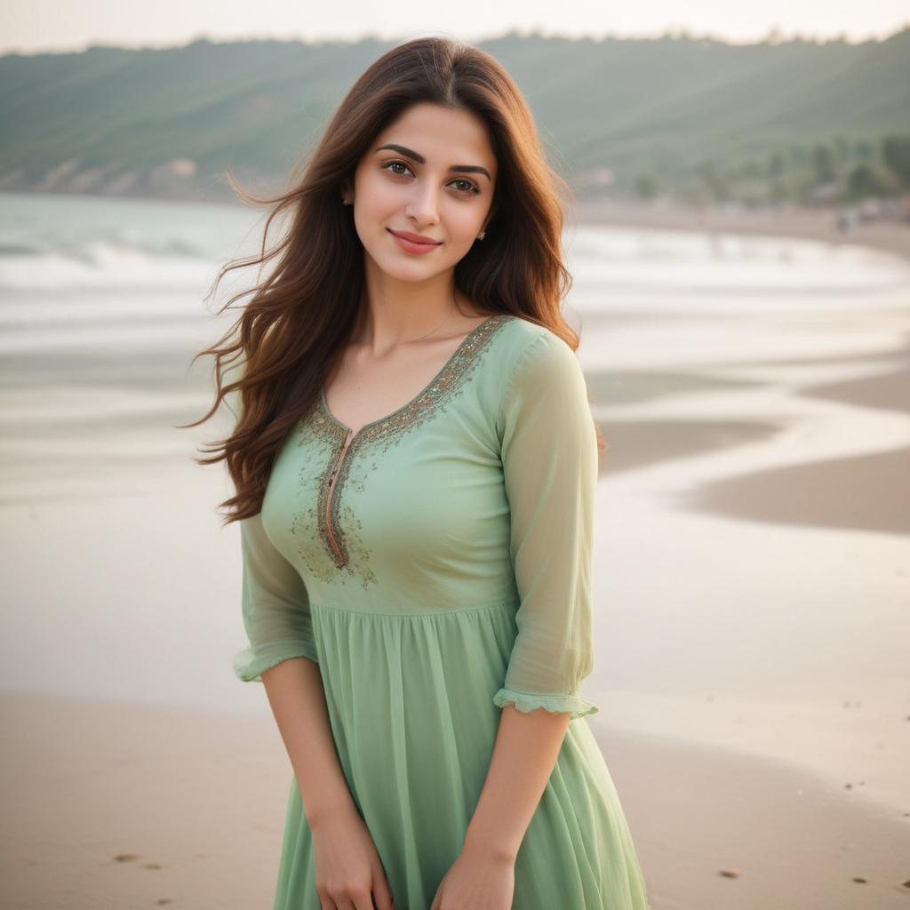 해변에서 녹색 드레스를 입은 여자.