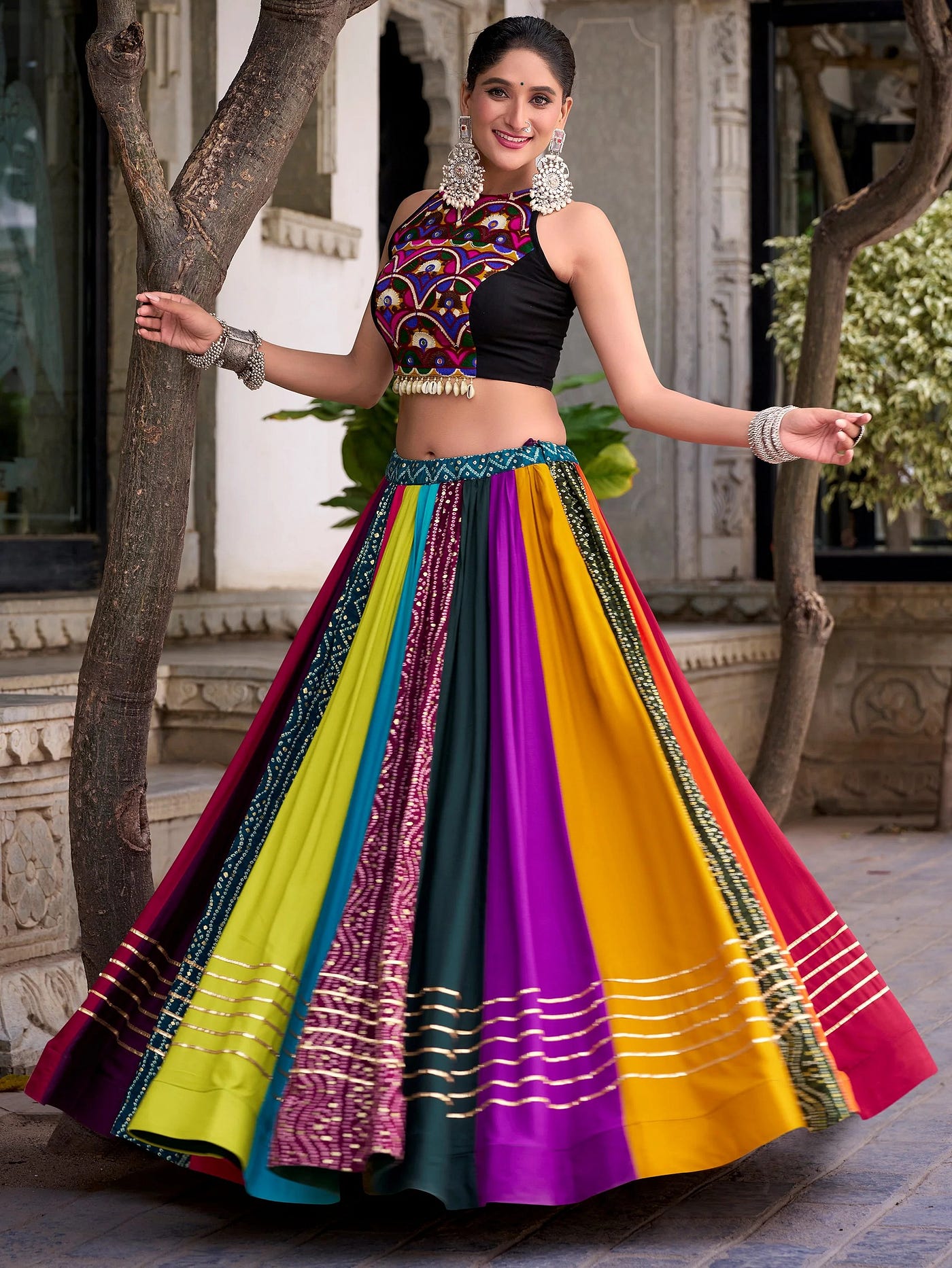 Multicolor Gota Patti Rayon Navratri Wear Crop Top Lehenga