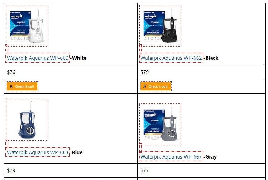Waterpik model comparison chart WP-660 WP-450 SF-01