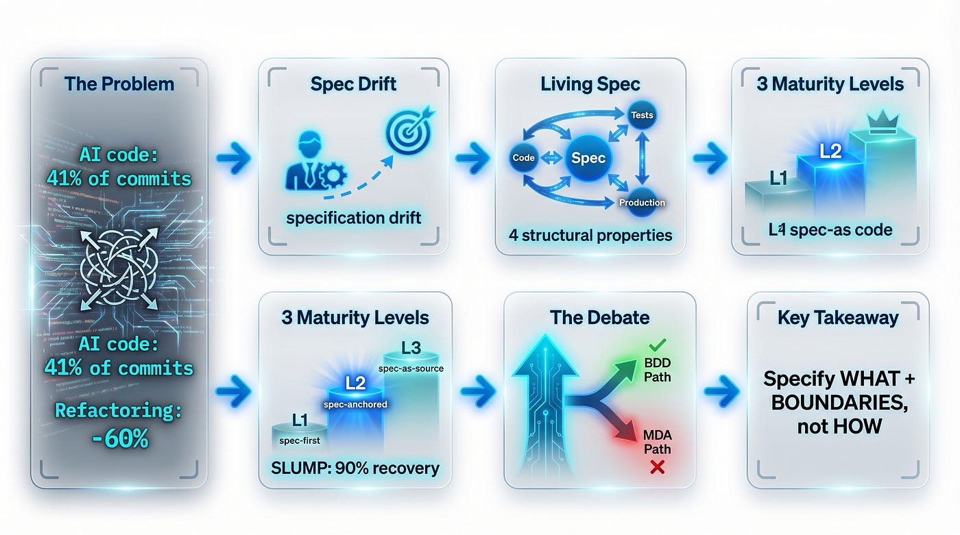 Spec Driven Development — from the chaos of vibe coding to the machine contract. Three maturity levels, key data, the central choice: the BDD path (success) or MDA (failure).