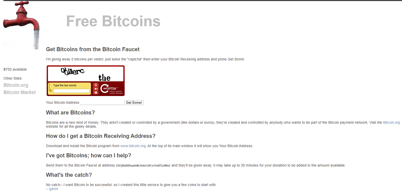 5 Bitcoins Up For Grabs! — The First Bitcoin Faucet (2010) | by Pantera |  The Crypto Kiosk | Medium