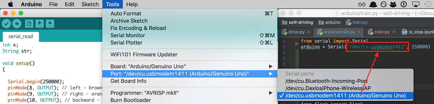 Arduino IDE showing the serial port selection