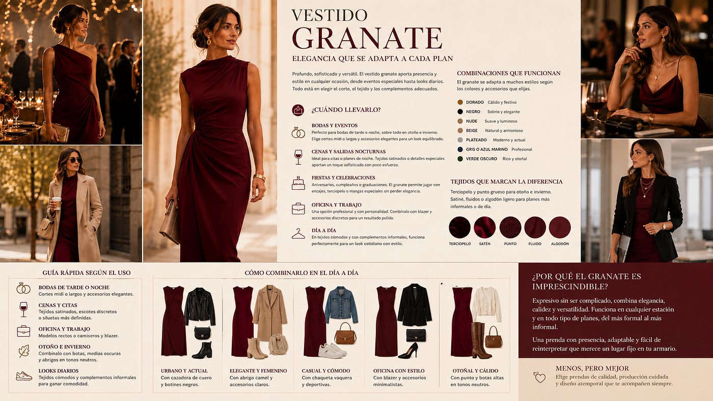 Vestido granate: cuándo llevarlo y cómo combinarlo con acierto