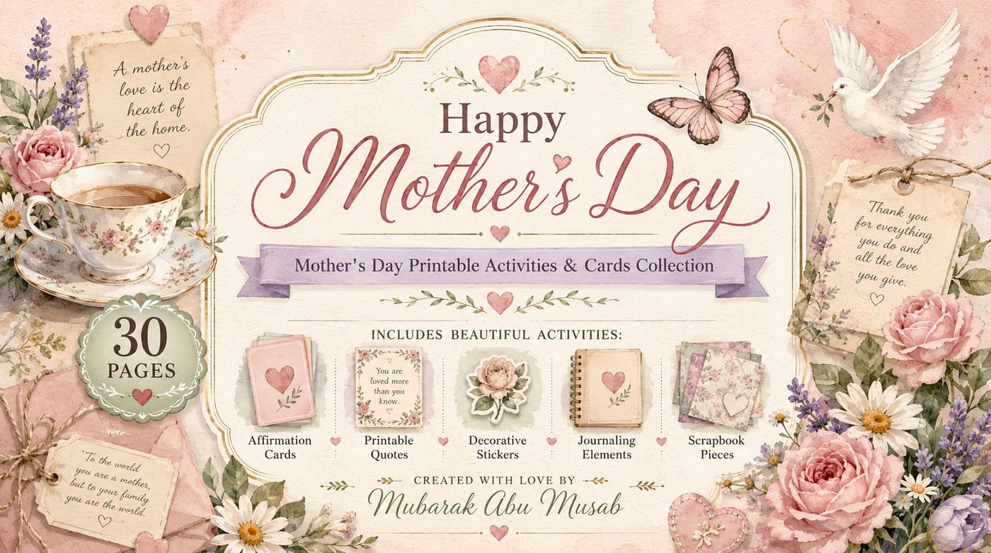 Mother’s Day Printable Bundle — Vintage Watercolor Cards, Quotes, Stickers & Activities (30 Pages)