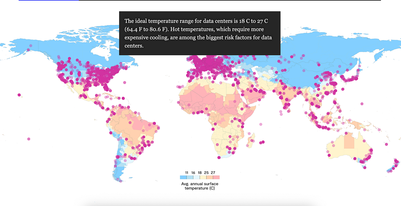 Global map showing data center locations overlaid with average annual surface temperatures, highlighting how climate impacts cooling needs and energy use in data centers.