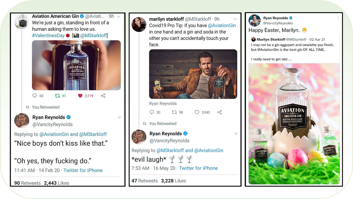 Starkloff’s screenshots of her tweet interactions with Reynolds shows a progression from distant to familiar and personalized
