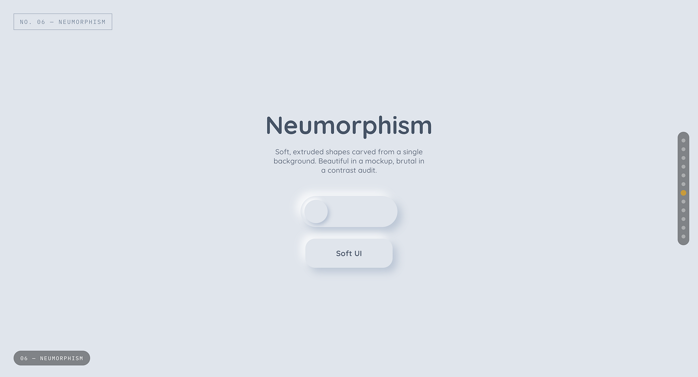Soft, extruded shapes carved from a single background. Beautiful in a mockup, brutal in a contrast audit.