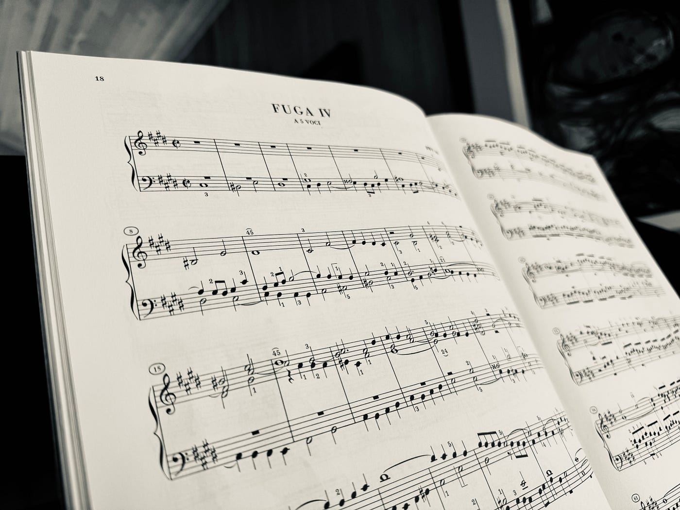 흑백으로 촬영된 바흐의 푸가 4번 악보를 피아노로 연주한 모습. 끈기 있는 연습과 느린 숙달을 상징합니다.<BR>