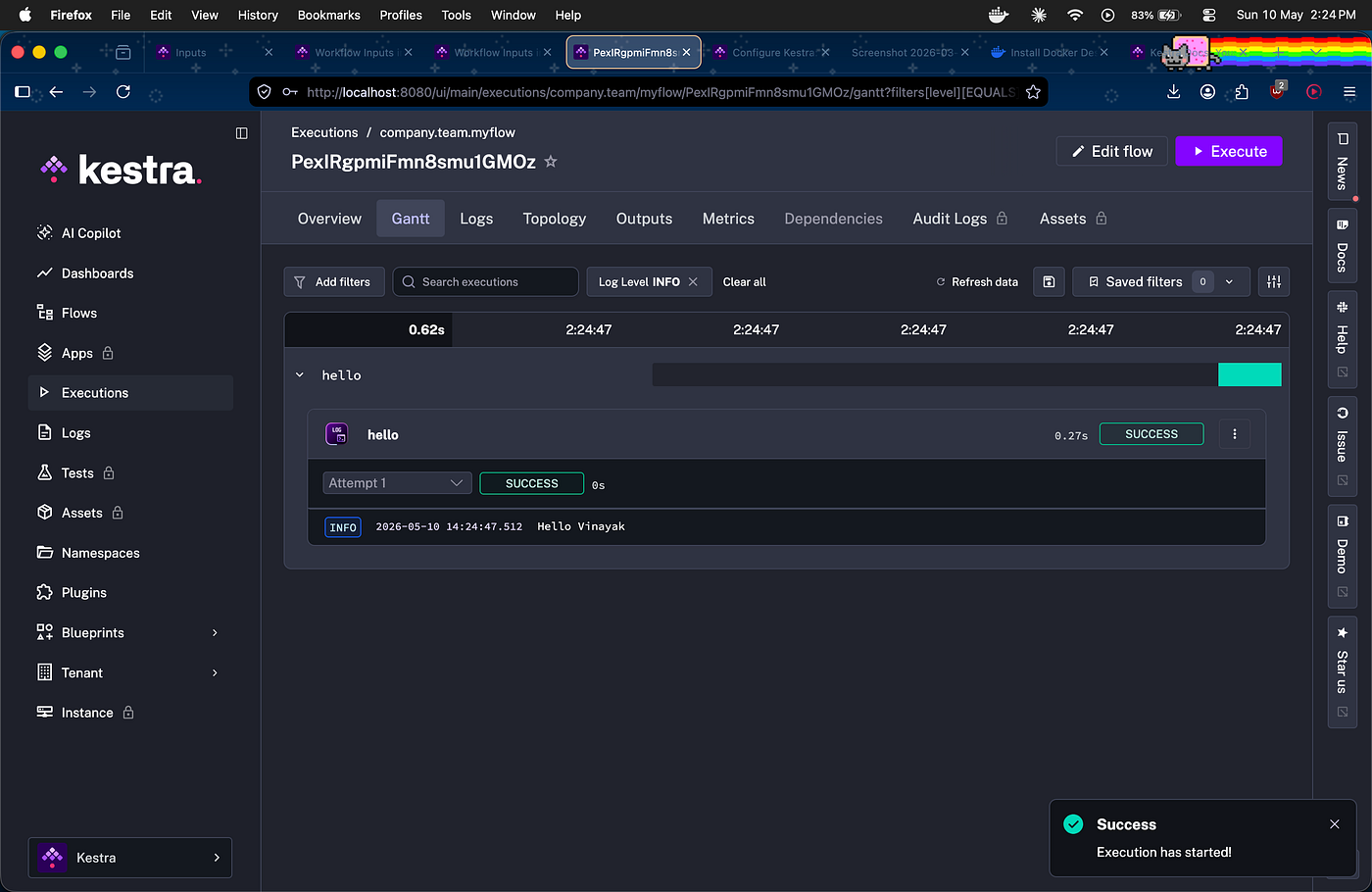 Execution showing “Hello Vinayak” in logs