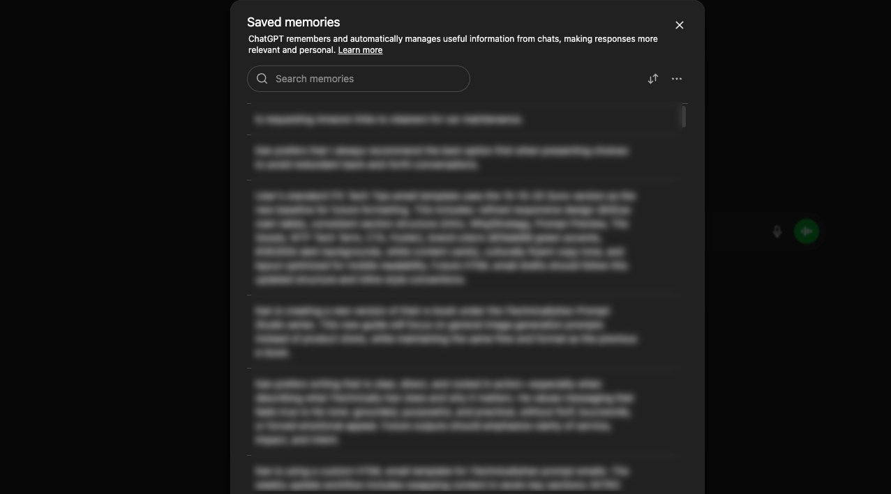 ChatGPT Personalization — Manage Memory panel