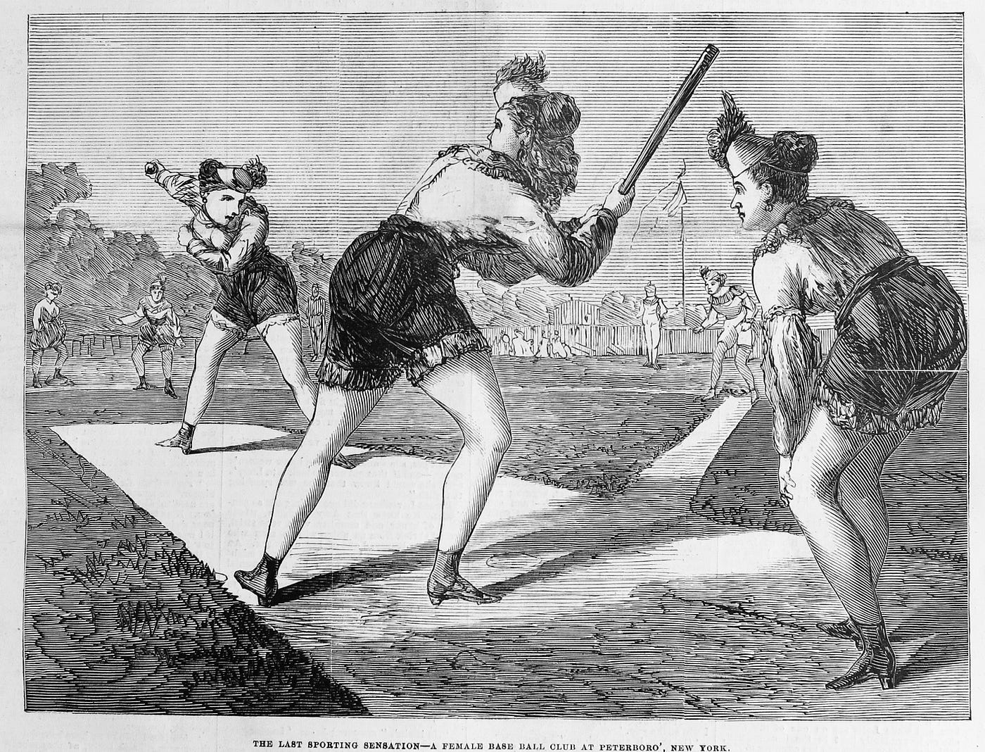 The Sporting Times of August 29, 1868 depicted, fancifully, its readers’ expectations of a women’s baseball game lately played in Peterboro, New York.