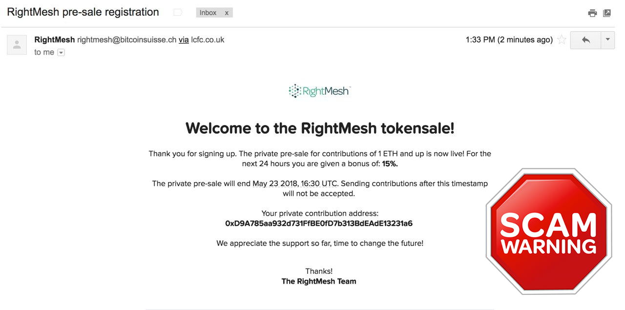 Official Statement Regarding Scam Email Appearing to be from Bitcoin Suisse  | by RightMesh | RightMesh | Medium