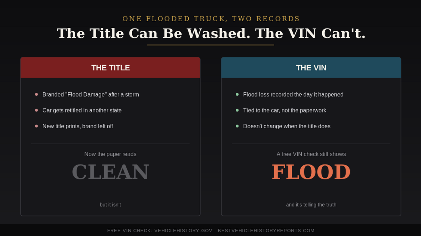 The title can cross state lines and come back clean. The VIN carries the record with it.