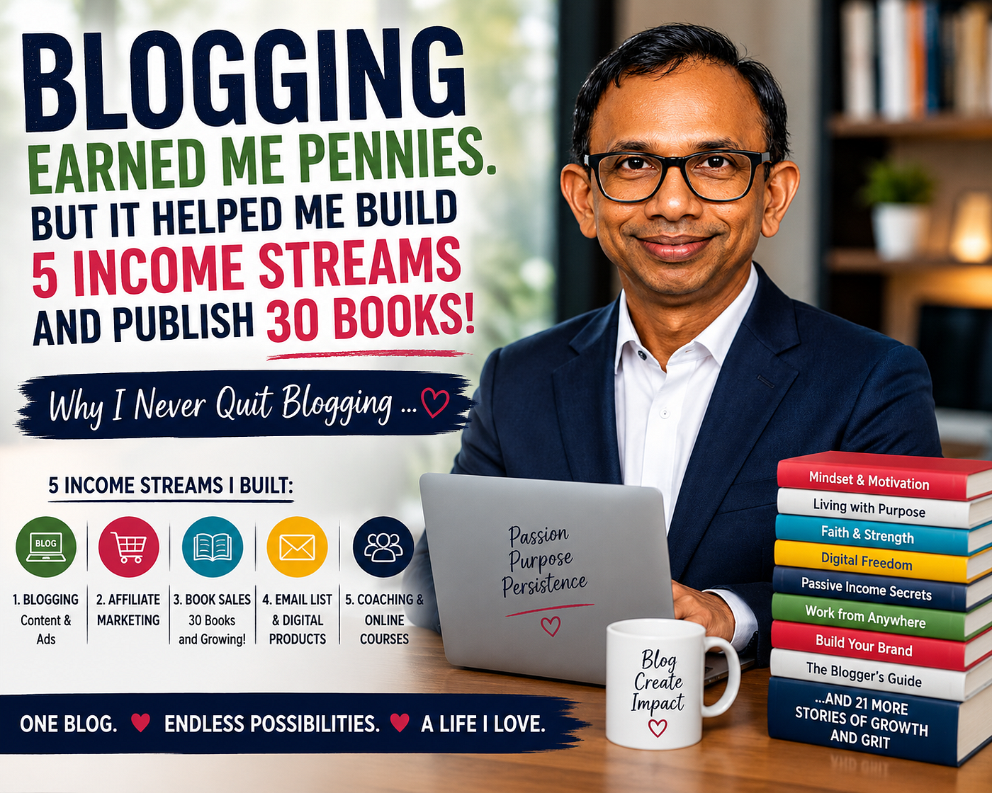 Blogging Earned Me Pennies. But It Helped Me Build 5 Income Streams and Publish 30 Books!