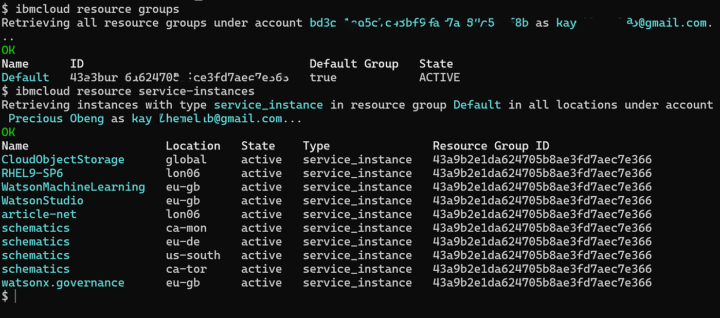 ibmcloud resource groups and resource service-instances output — the shape of a tenancy in under three minutes