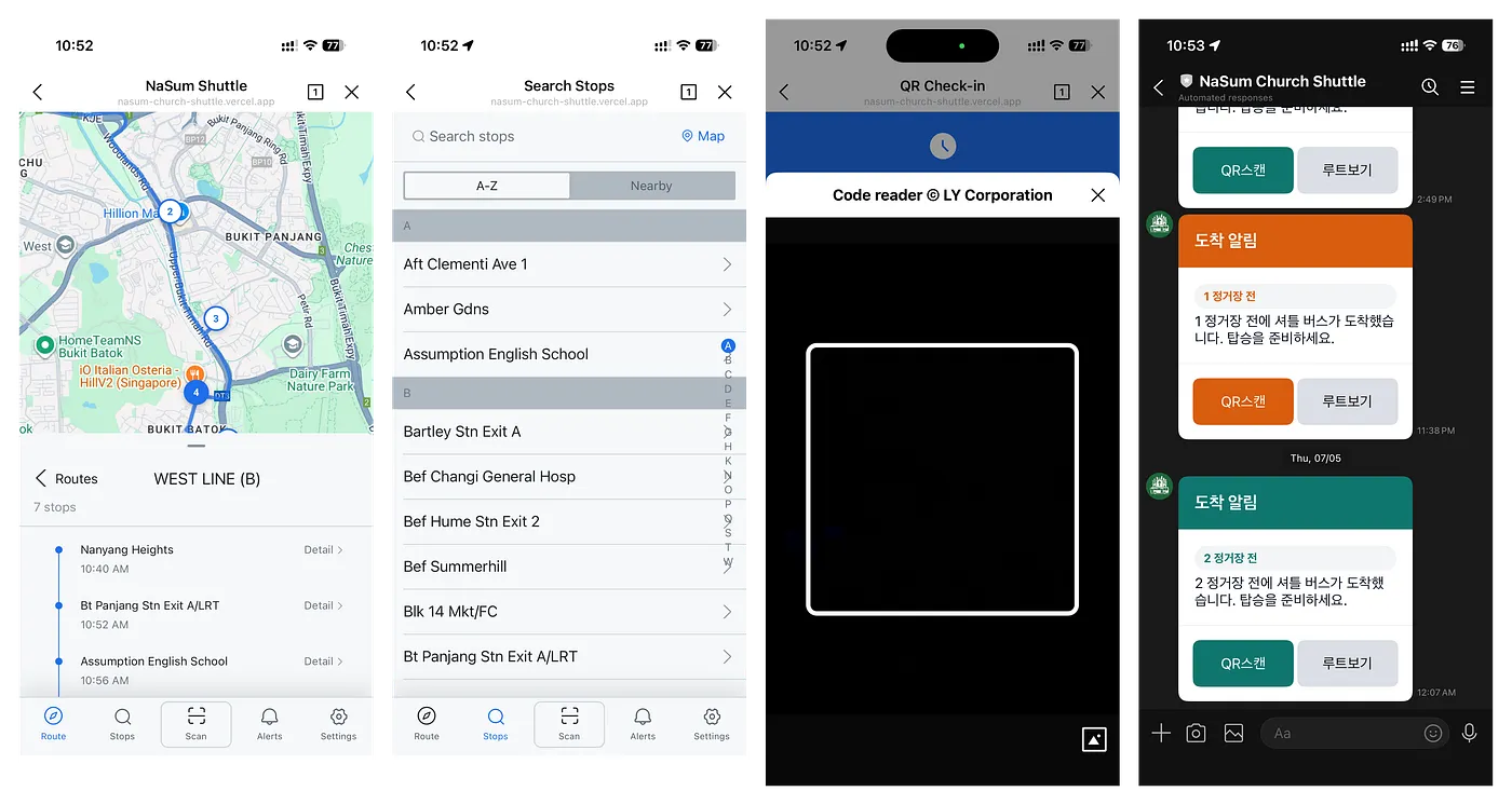 The first web MVP kept the Rider flow intentionally small: route lookup, stop detail, QR check-in, and basic operational updates.