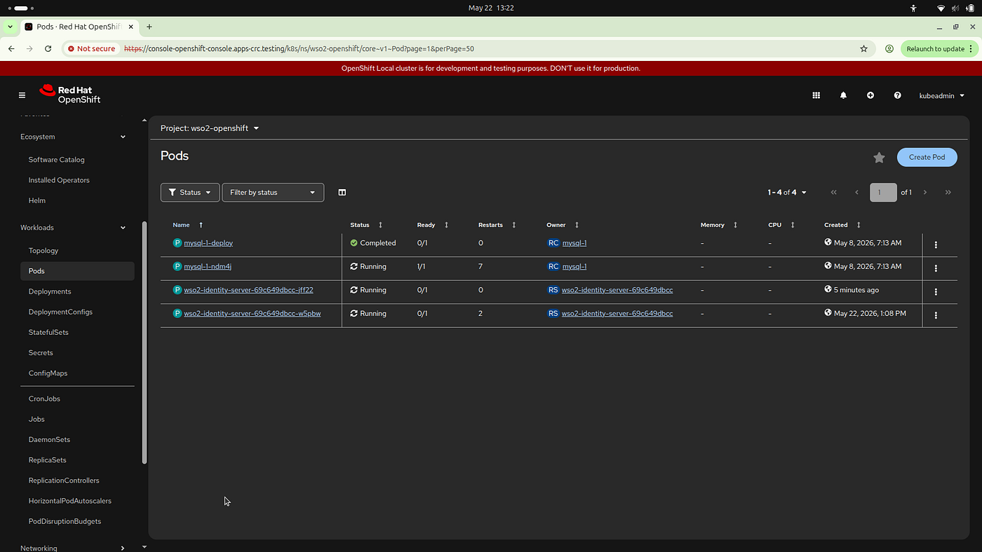 Figure 5: Inspecting pod execution states, readiness metrics, and restart counts within the namespace.
