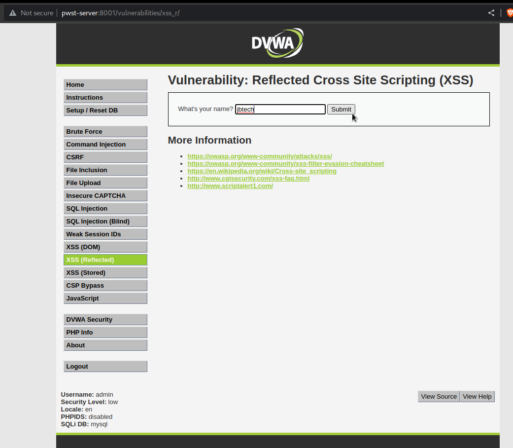Exploiting DVWA Using Reflected Cross-Site Scripting (XSS)