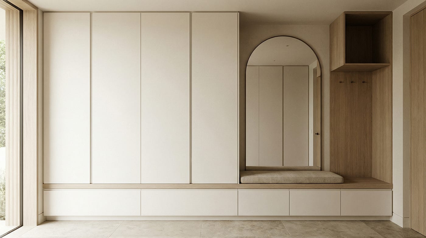 Mudroom Tip: Get a Clutter-Free Entry by Using Closed Cabinets + One Padded Bench Zone