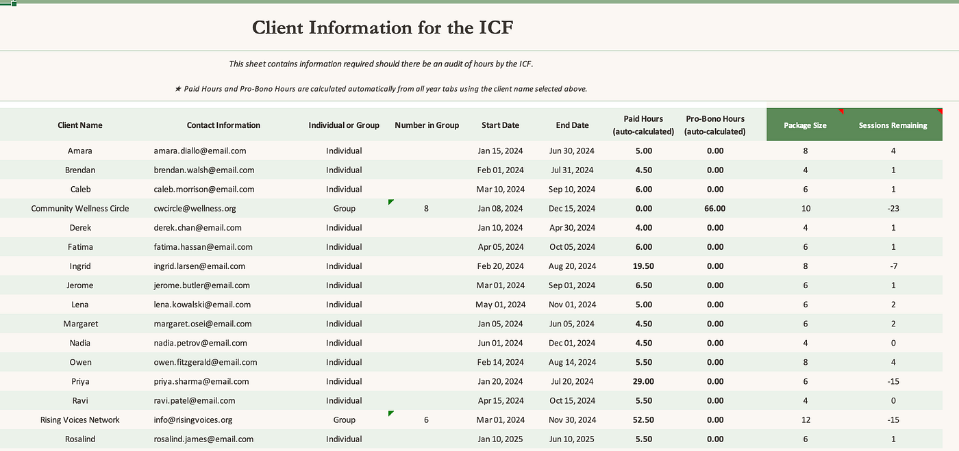 Mock up of the ICF Coaching Hours Tracker Client Information Sheet