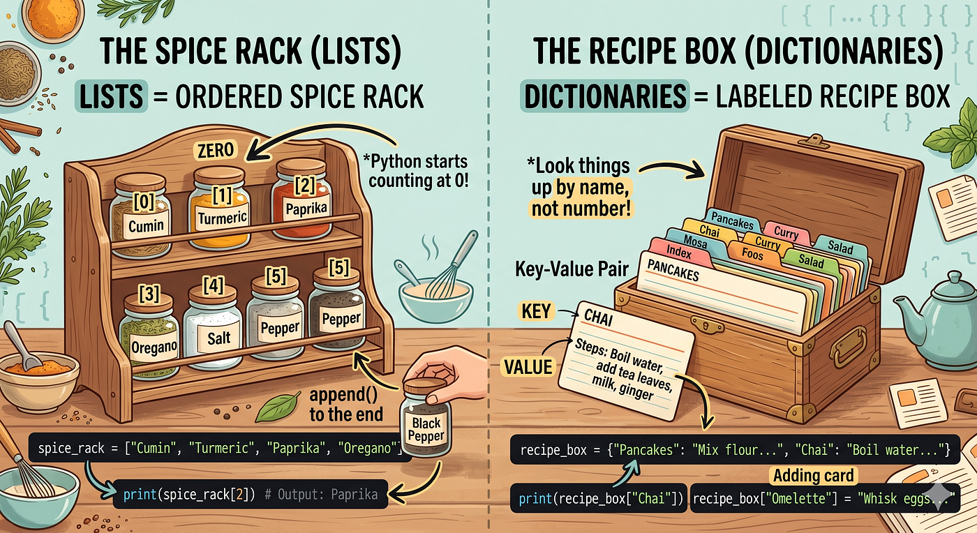 The Spice Rack vs. The Recipe Box: Understanding Python Lists and Dictionaries