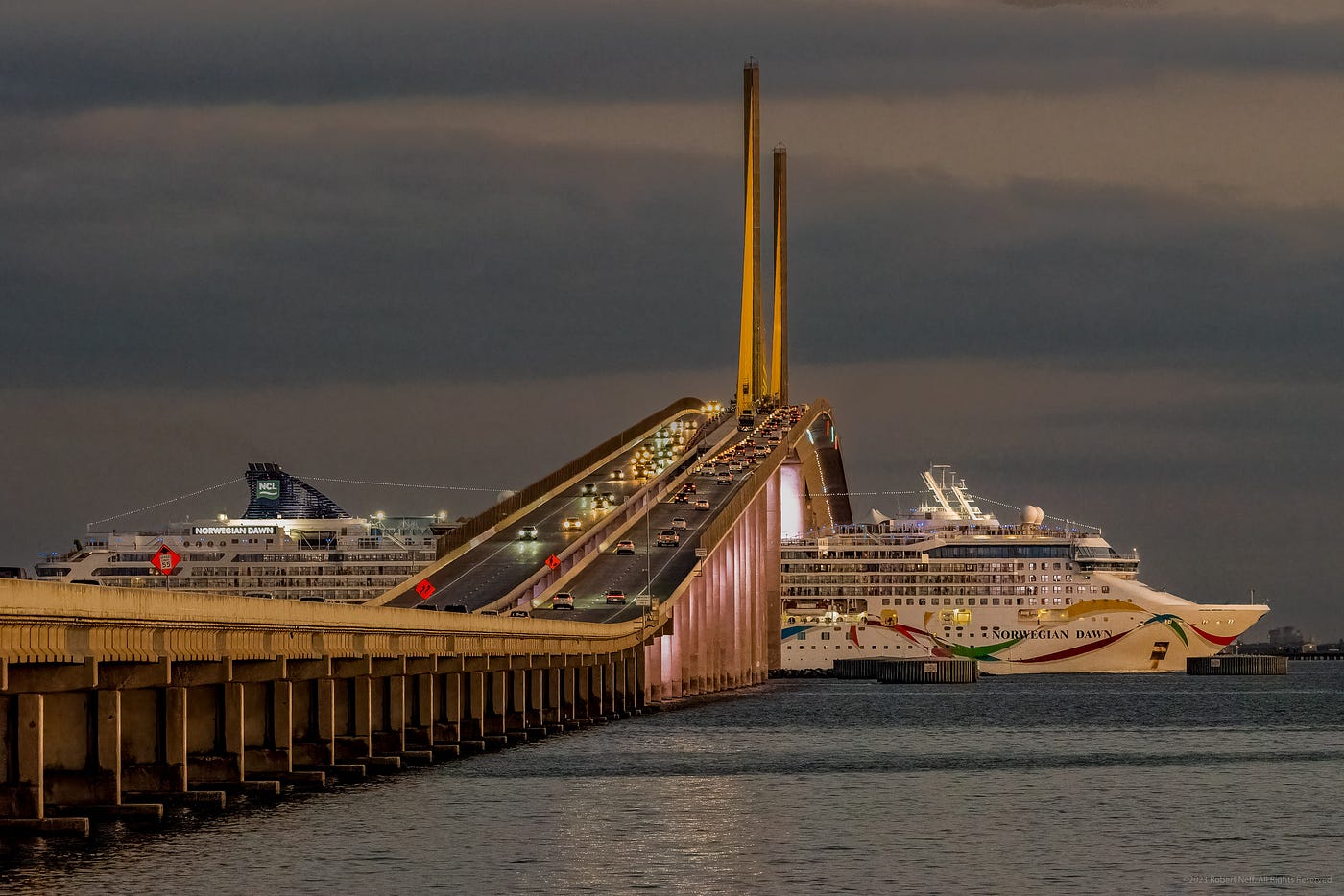 BRIDGE SHIP HOUSE「VISIONARY」 1st press Norwegian Dawn centered under Sunshine Skyway Bridge | by Robert
