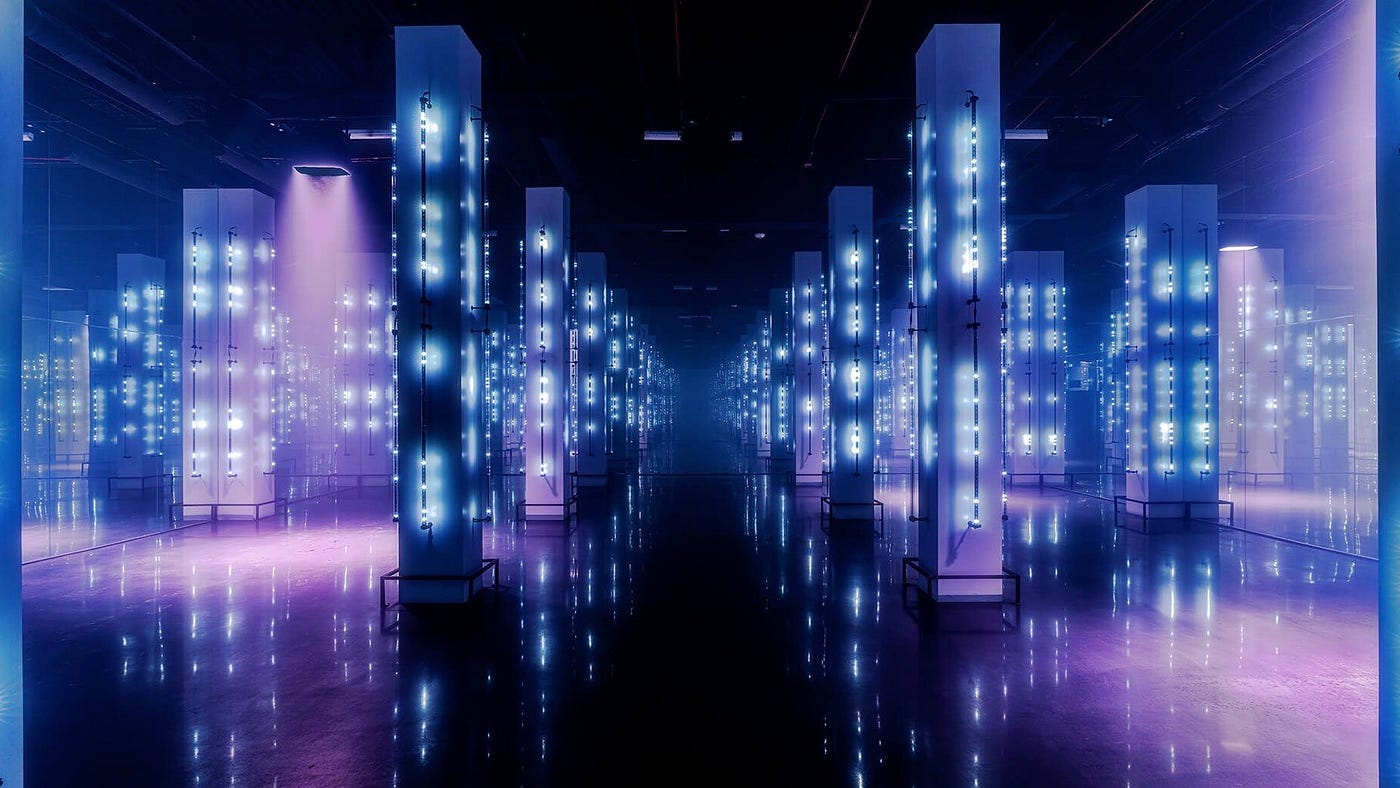 At a glance, the photo could be a series of skyscrapers with their windows lit up at night. Tall and narrow square columns fill a huge mirrored room. On the sides of each column are vertical strips of LED lights. The room is dark and the purple and blue lights are reflected in the mirrored walls and floor. The center of the image makes it hard to discern which columns are real and which ones are reflections; the perspective seems to carry on into an infinite distance.