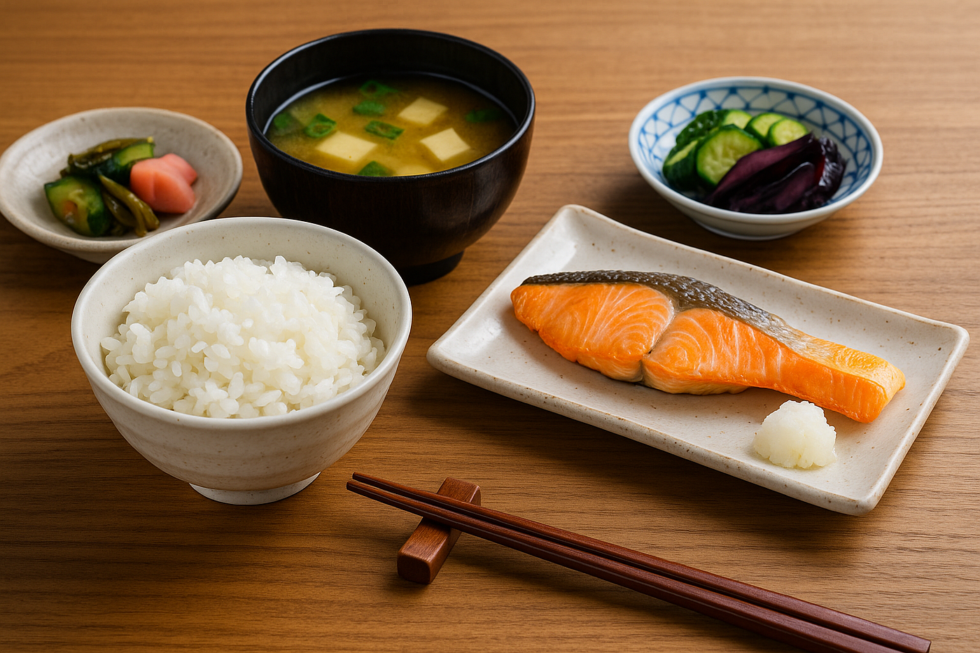 밥, 된장국, 구운 연어, 절인 야채가 나무 테이블에 깔끔하게 놓여 있는 전통적인 일본식
아침 식사는 아침 식사의 균형과 문화적 차이를 상징합니다.<BR>