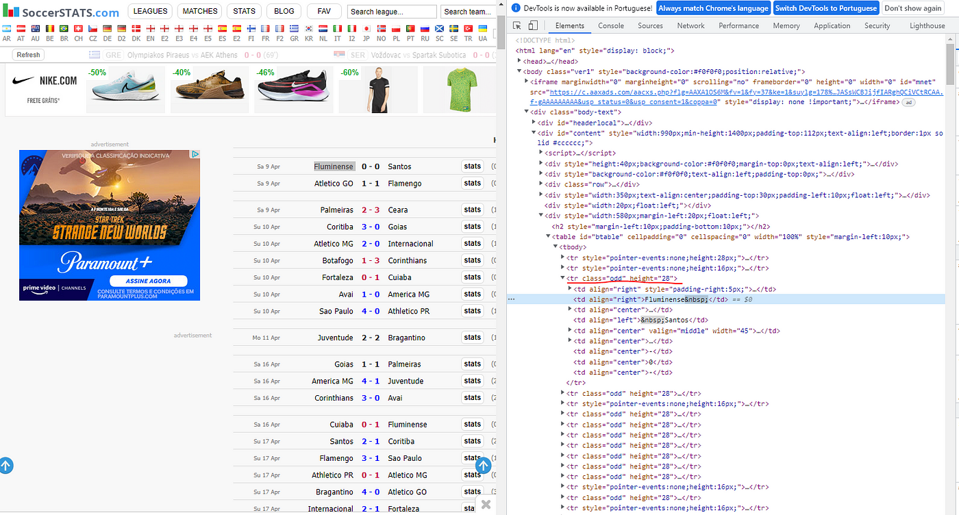 Web Scrapping] Obtendo resultados de partidas de diferentes ligas