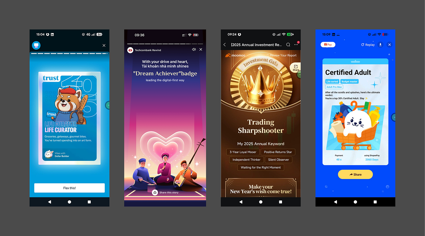 Screenshots of various ‘awards’, ‘badges’, ‘buddies’ from Fintech apps in Asia 2025, featuring Trust bank, Techcombank, Moomoo, ShopeePay