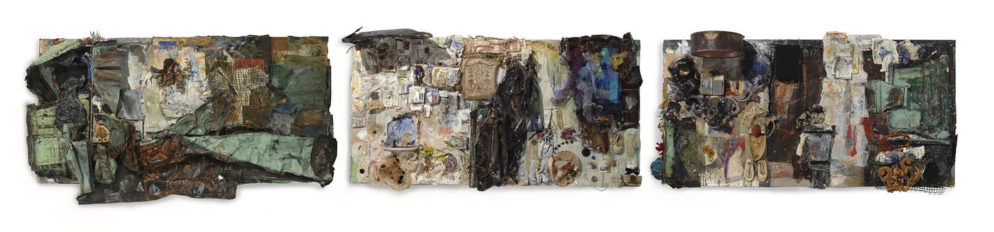 Fragione, Cianne. Ritorno: Antico, sono ubriacato dalle voce. 2007–2022, oil-based paint, wood, collage, mixed media, text, artist drawing, bundles, and assemblage on paper and copper on panel, 32 x 183 inches (triptych). courtesy of the artist.