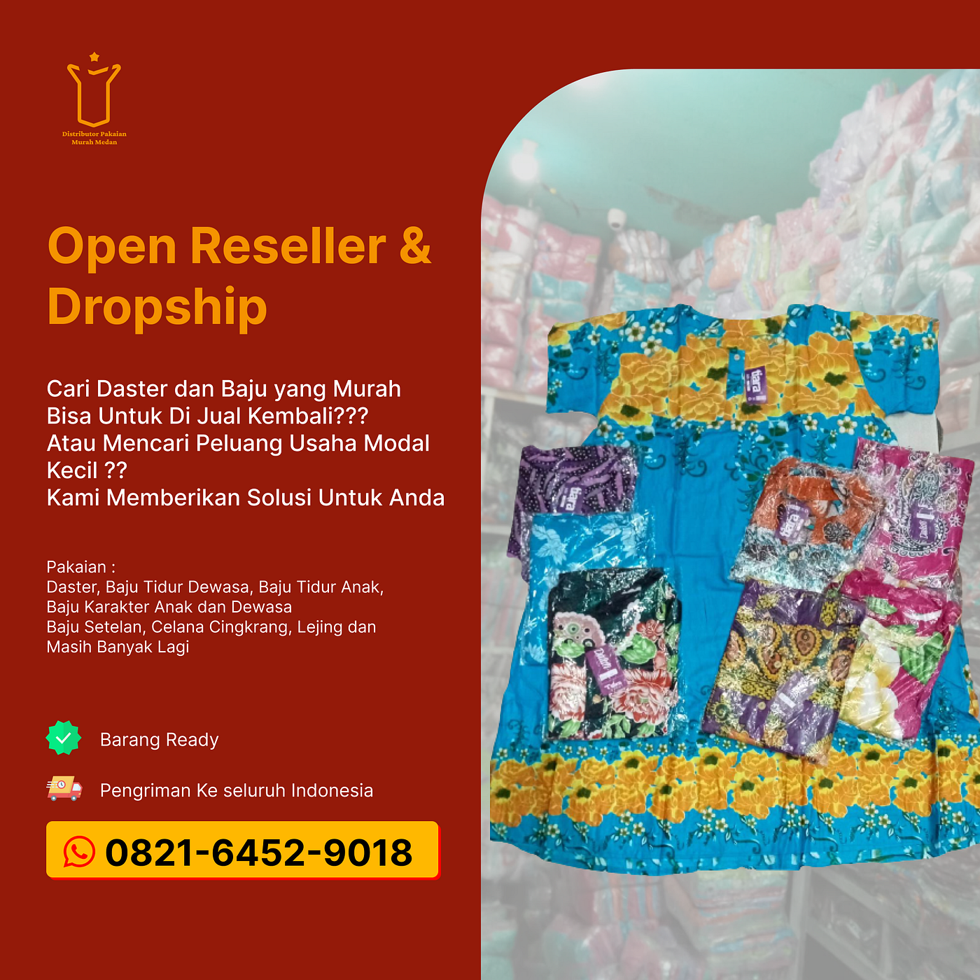 Peluang Usaha, WA 0821–6452–9018, Distributor Daster Katun Karakter di Medan Labuhan, Sahfiqa…