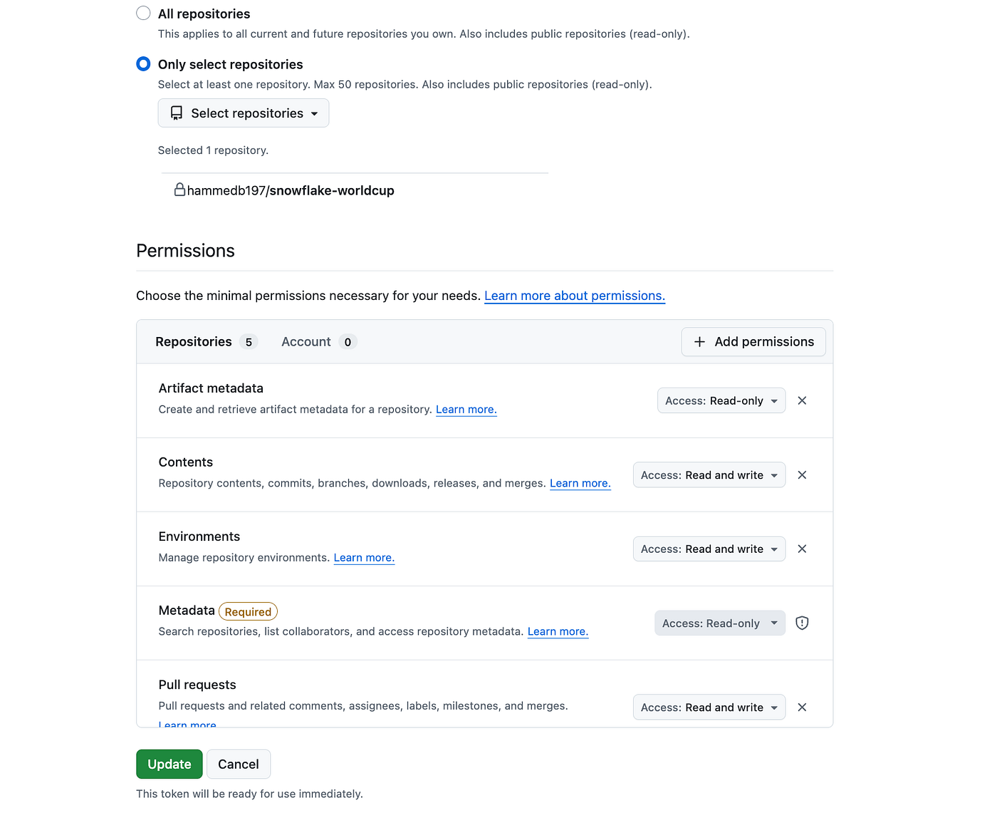 Selecting a repository and token permissions