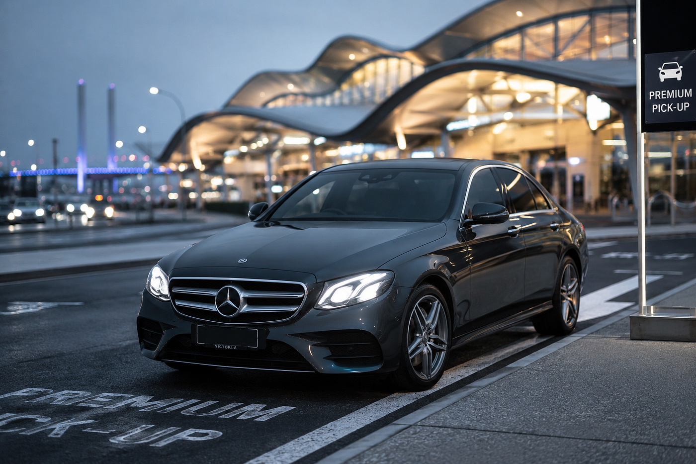An E Class Merc waiting for a plane to land at Melbourne Airport
