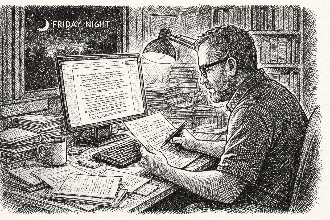 Friday night overtime. Stop being the professor correcting student writing in late night sessions.