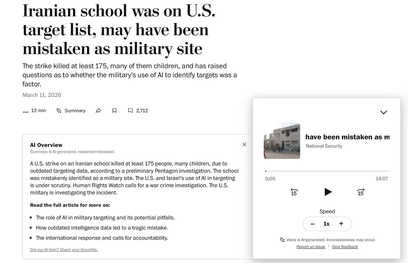 Screenshot of the voice broadcast function and AI summary function (Source from The Washington Post)