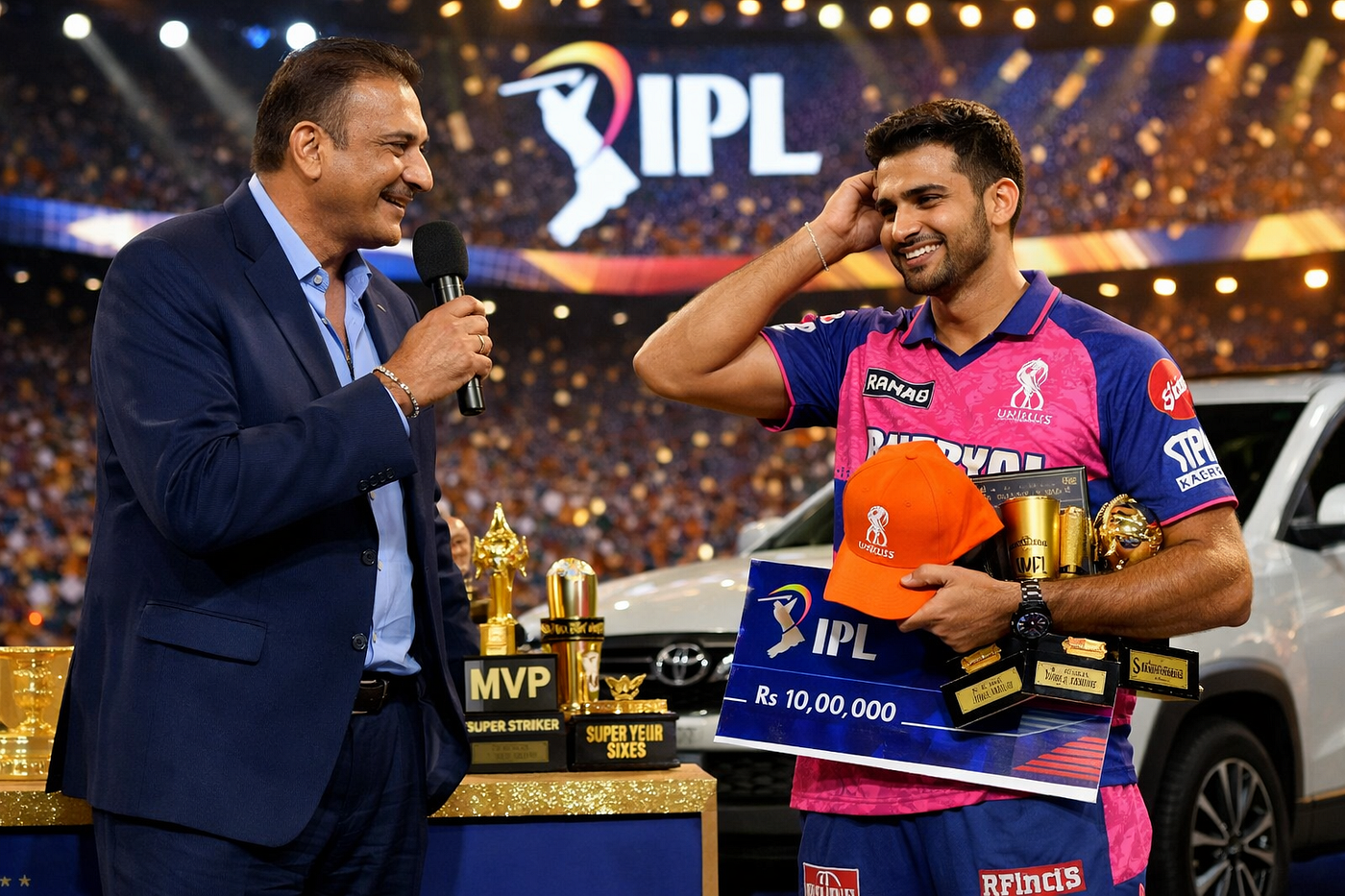 AI‑generated illustration of Ravi Shastri interviewing Vaibhav Suryavanshi on the IPL 2026 prize ceremony stage.