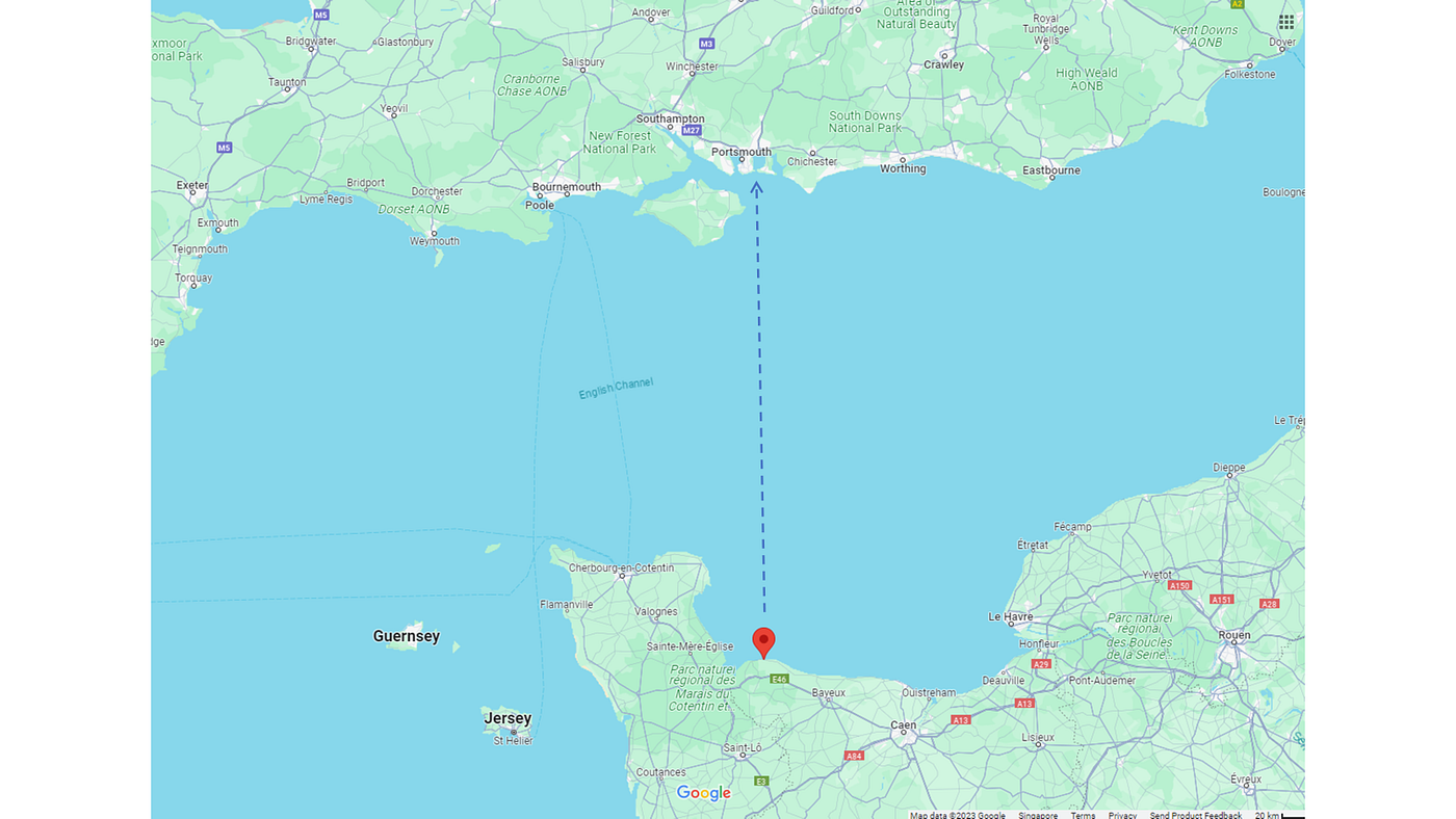 Facing Pointe du Hoc across the English Channel is Portsmouth (image drew from Google Map)