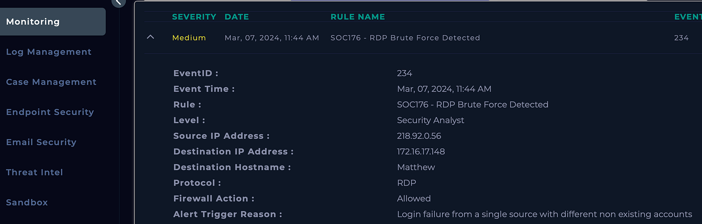 RDP Brute Force Detected