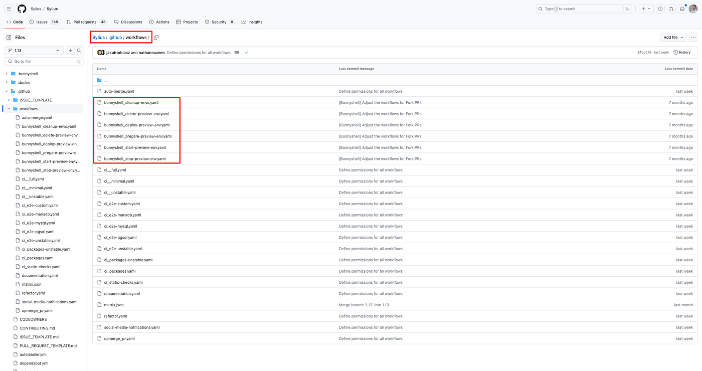 Sylius’ .github/workflows folder — Bunnyshell workflows highlighted