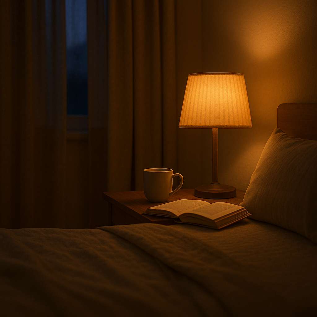 황혼 무렵, 따뜻한 침대 옆 램프와 펼쳐진 책, 머그잔이 있는 은은한 조명의 침실은 생체 리듬과 수면을 돕는 평화로운 야간 환경을 조성합니다.<BR>
